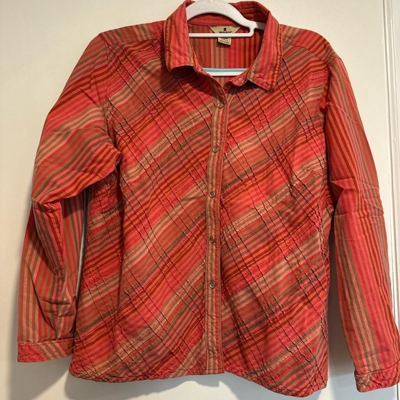Woolrich Women’s Petite XL Pink Red Striped Pleated Button Down Shirt. - Picture 1 of 10